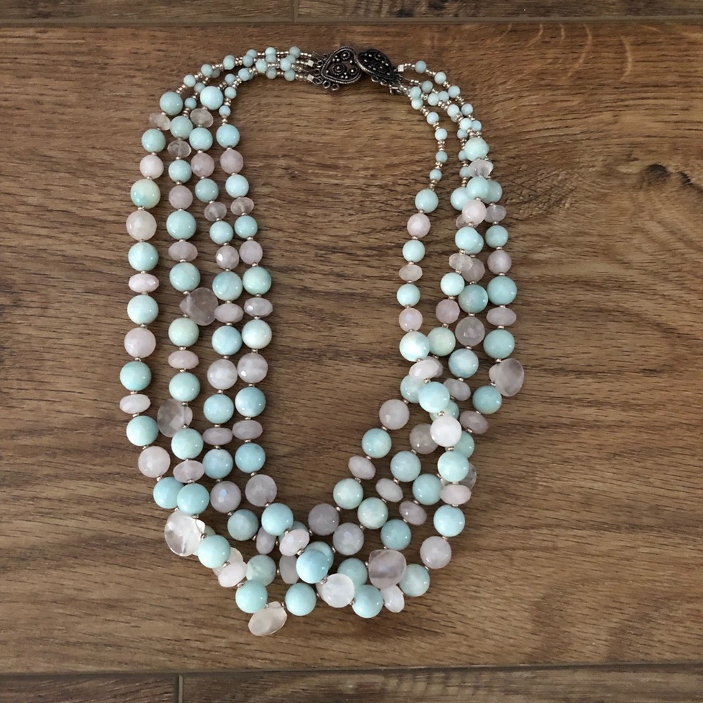 Pink quartz/blue amazonite 6 strand necklace